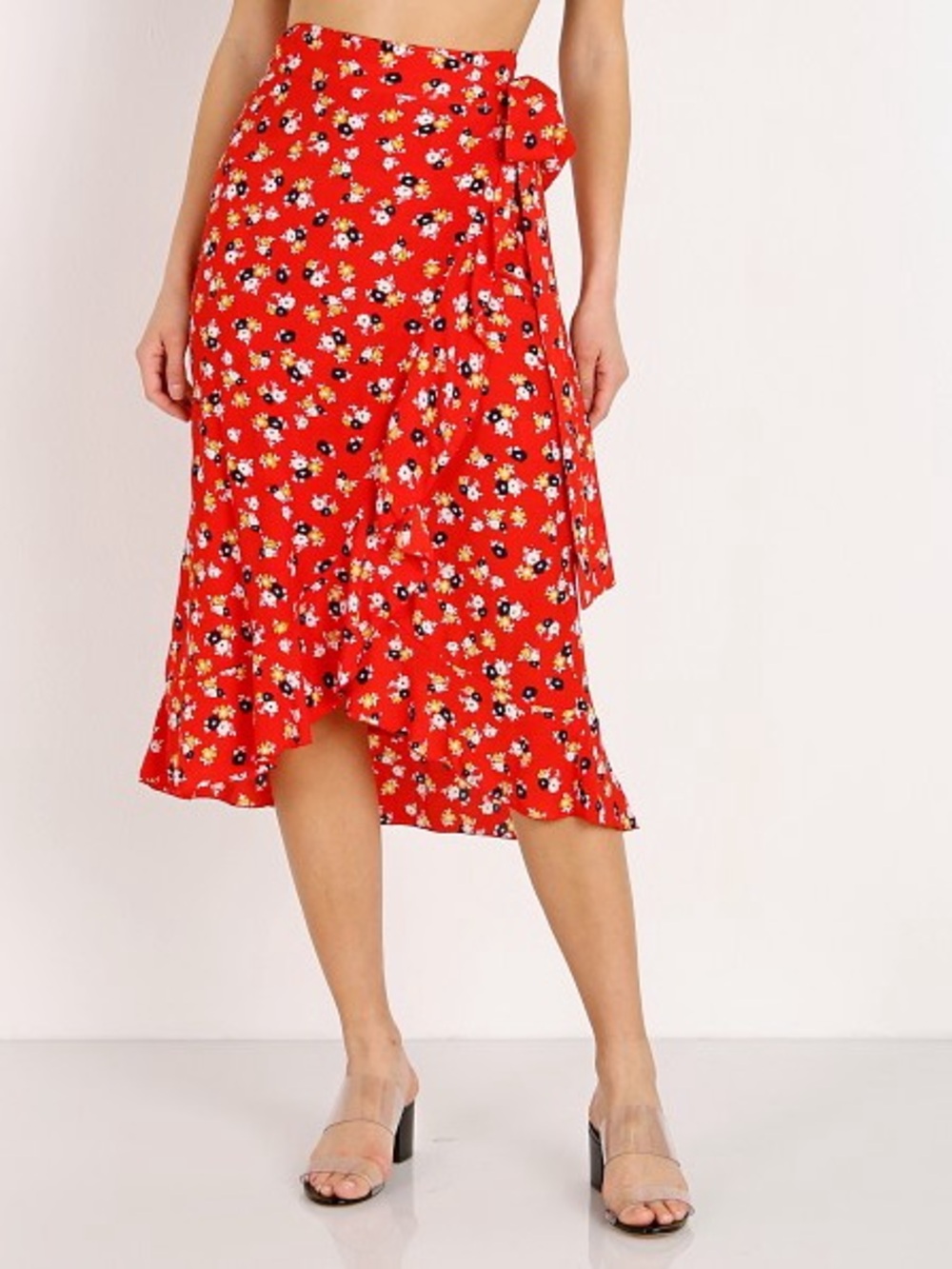 Faithfull the Brand Red Floral Wrap Midi Skirt